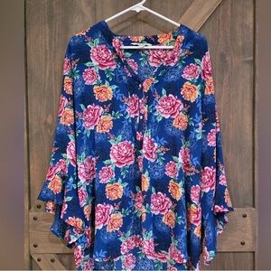 Vibrant Floral Women's Blouse in Blue and Pink
